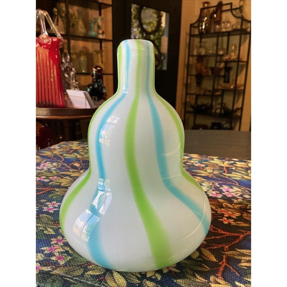 VTG Retro 6.75" Hand Blown Cased Stretch Gourd Vase White Green Blue Stripes